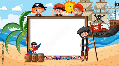 Empty banner template with pirate kids at the beach daytime scene