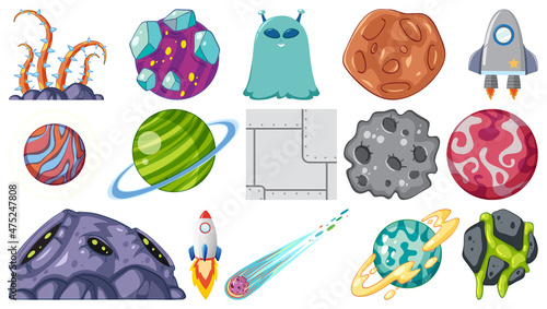Isolated fantasy space game objects and elements set