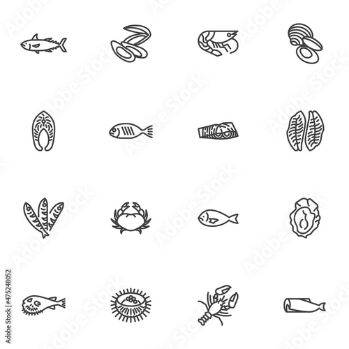 Types of seafood line icons set