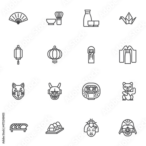 Japanese culture line icons set