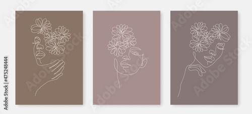 Beauty Woman Face In Flowers Line Art Drawing Set. Woman Head with Flowers One Line Drawing Prints. Elegant Female Sketch Poster with Minimalist Girl Portrait Illustration Print. Vector EPS 10