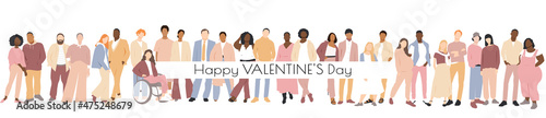 Happy Valentine's day banner. Multinational couples. Flat vector illustration.