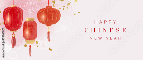 Chinese new year watercolor background vector. Oriental festive art design for place text and product images. Design for sale banner, cover and invitation.