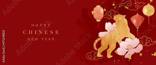 Chinese new year 2022 year of the tiger watercolor background vector. Cute tiger and Chinese lamp, flower on oriental festive red watercolor theme background.