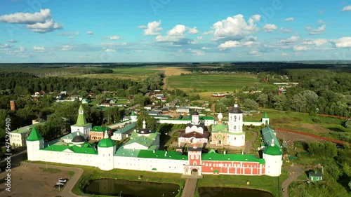 Aerial view over the Nicholas Peshnoshsky Monastery on a summer evening at sunset