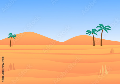 Yellow desert with palm trees landscape. Outdoor sandy hills and hot sky with wilderness natural panorama landscape with beautiful arid orange desert. Vector cartoon summer.