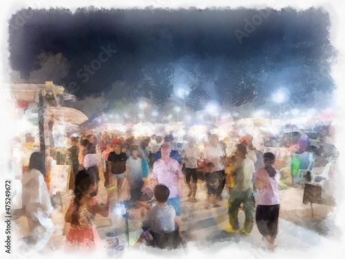 Night market landscape in Thailand watercolor style illustration impressionist painting.