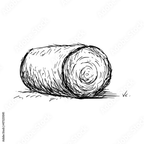 Hay bale farm drawing sketch. Hand drawn haystack. Isolated vector illustration.