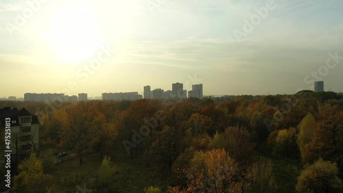 Aerial view of Moscow, Lianozovo district, from the city park on a cloudy autumn day