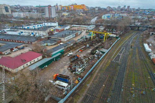 Aerial view of scrap metal collection point in autumn (Kirov, Russia)