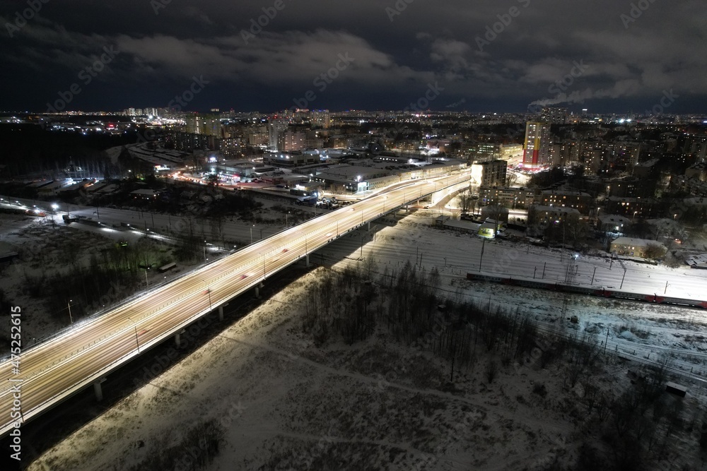 Aerial view of the overpass to Chistye Prudy in winter at night (Kirov, Russia)