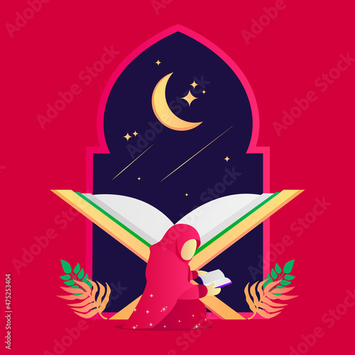 illustration design woman reading quran at night
