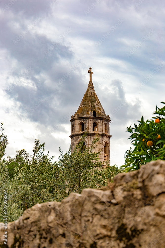 A view of the Franciscan monastery bell tower in Cavtat, Croatia.