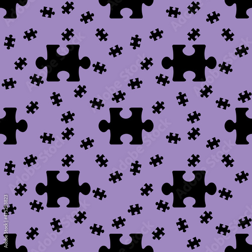 Fototapeta Naklejka Na Ścianę i Meble -  Seamless pattern. image of black puzzle elements on pastel purple backgrounds. riddle. Template for applying to surface. 3D image. 3D rendering.
