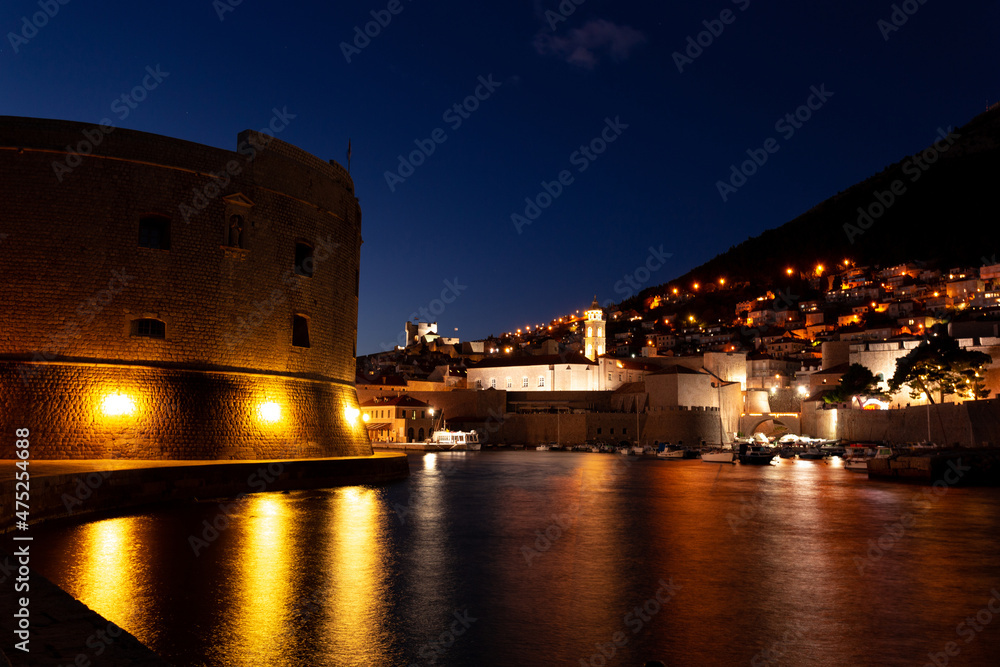 Dubrovnik city old port marina and fortifications seen from Porporela