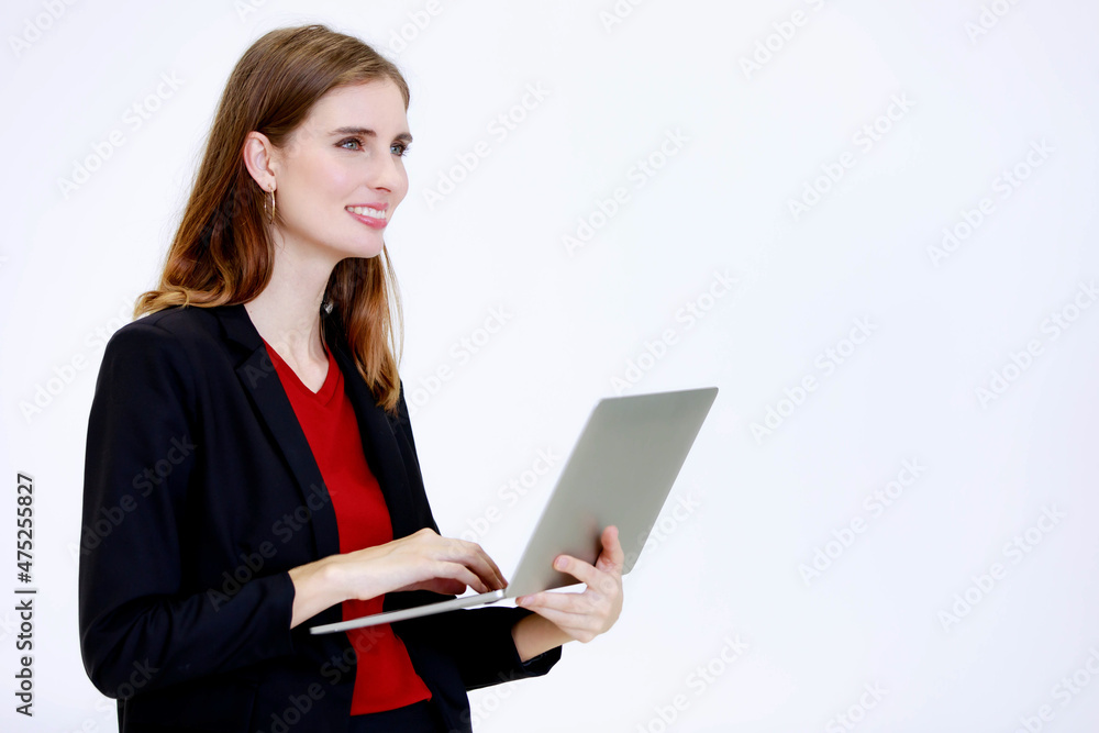 Studio shot of millennial Caucasian stressed depressed irritated doubtful moody female employee secretary businesswoman standing holding laptop computer thinking solving problem on white background Studio shot of millennial Caucasian stressed depressed irritated doubtful moody female employee secretary businesswoman standing holding laptop computer thinking solving problem on white background