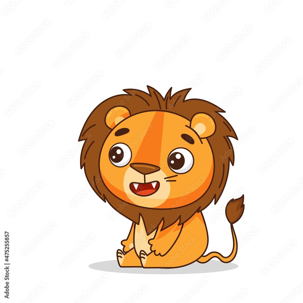 Fototapeta premium The little lion sits in a half-turn. Cute baby smiling. Postcard in children's cartoon style. Vector illustration for designs, prints and patterns. Vector illustration