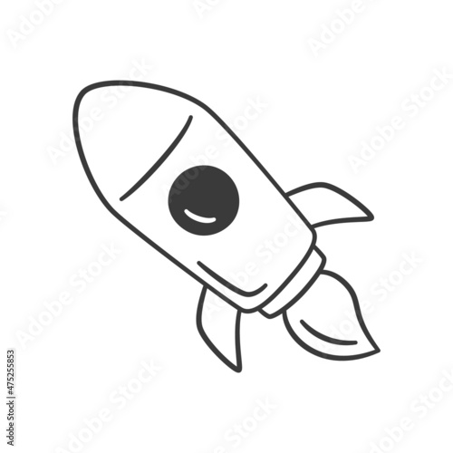 Spaceship icon in doodle style. Space rocket icon. Children drawing. Hand drawn vector illustration isolated on white background.