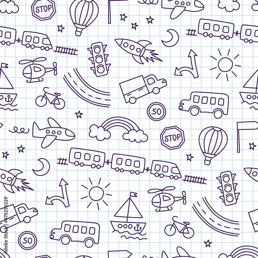 Children drawing of cars, train, plane, helicopter and rocket. Doodle transport. Cute children drawing. Seamless pattern in kid style. Hand drawn vector illustration on squared notebook background.