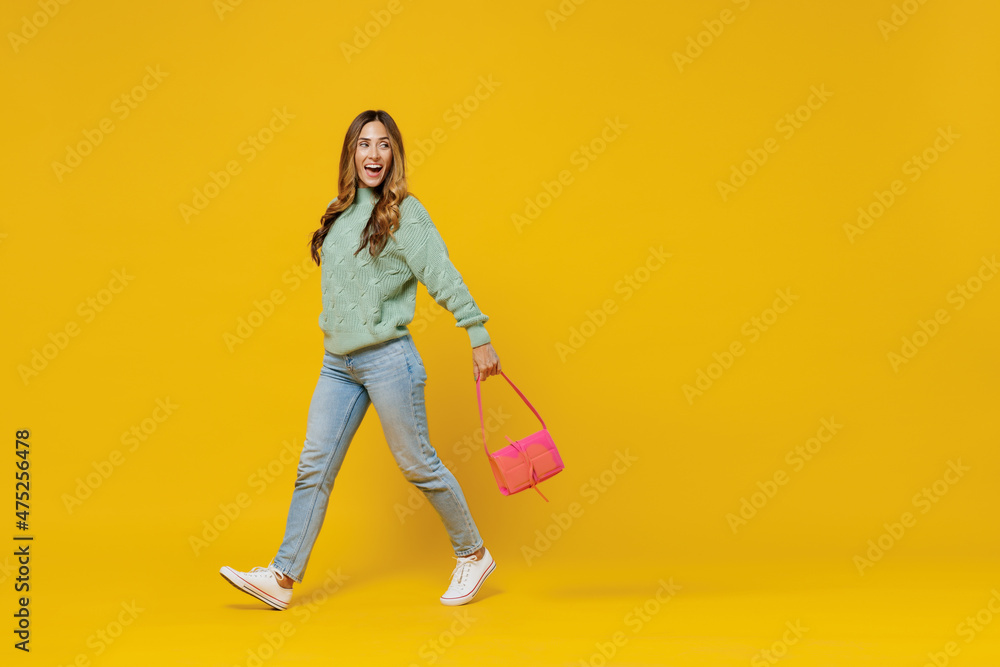 Full body young smiling attractive fun trendy stylish cool woman 30s wearing green knitted sweater pink little bag walk go isolated on plain yellow color background studio People lifestyle concept Full body young smiling attractive fun trendy stylish cool woman 30s wearing green knitted sweater pink little bag walk go isolated on plain yellow color background studio People lifestyle concept