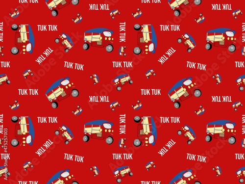 Tuk tuk cartoon character seamless pattern on red background