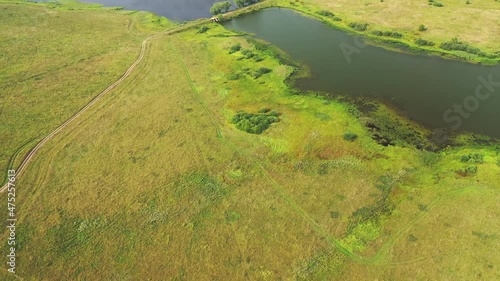 Aerial view of the countryside and a lake on a summer day