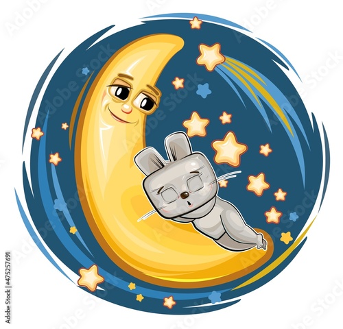 Kid Hare sleeps on the moon. Dreaming a dream. Childrens illustration. Funny Night sky with a comet. The baby animal fell asleep. Cartoon style picture. Isolated on white background. Vector