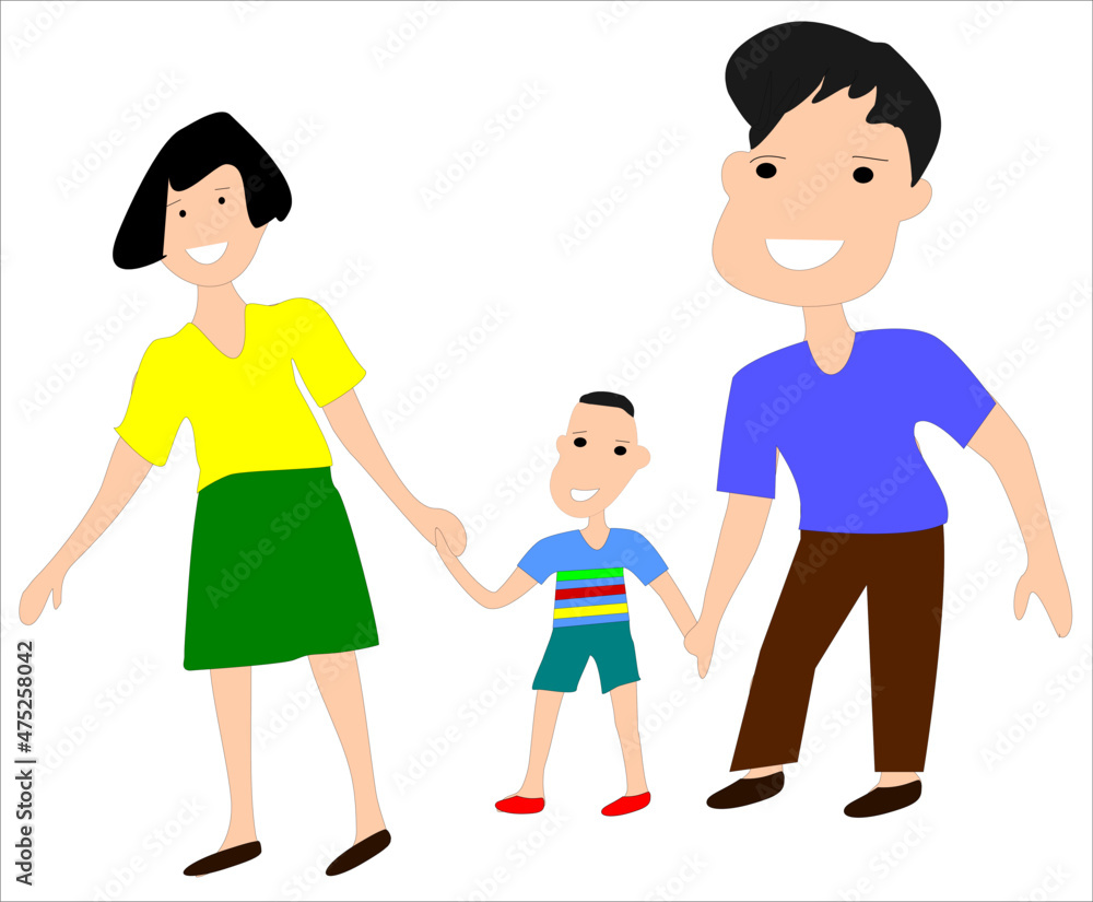 Cartoon family, parents and children are happy. flat design illustration on white background