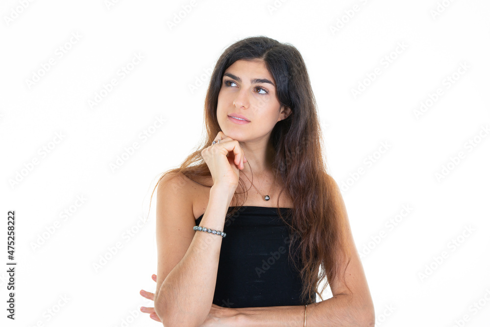 beautiful woman with sideways looking gaze on the left beautiful woman with sideways looking gaze on the left