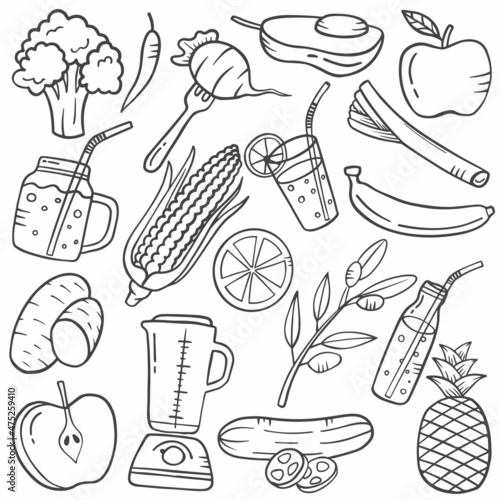 vegetarian doodle hand drawn set collections with outline black and white style