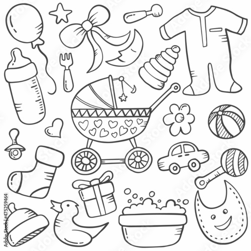 baby doodle hand drawn set collections with outline black and white style