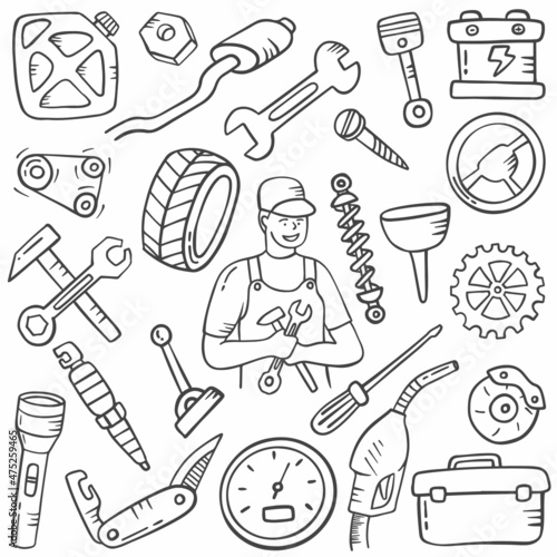 mechanic doodle hand drawn set collections with outline black and white style