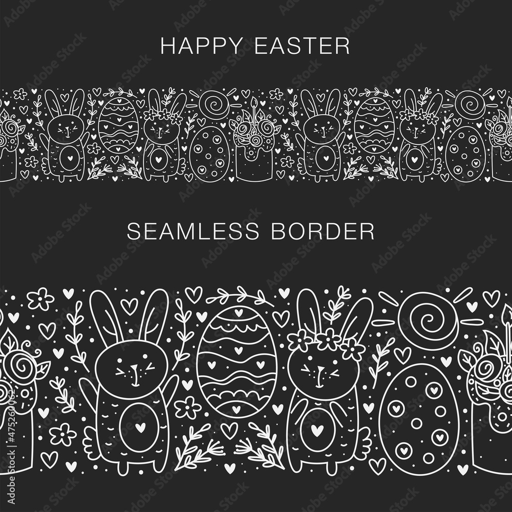 Happy Easter doodle line art elements. Rabbit, bunny, cake, egg, flower, sun, herbs. Isolated on dark background. Seamless border, banner.