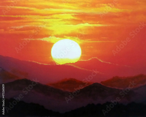 painting oil color Fine art Sun rise , prosperous , auspicious , fortune , power , Lucky