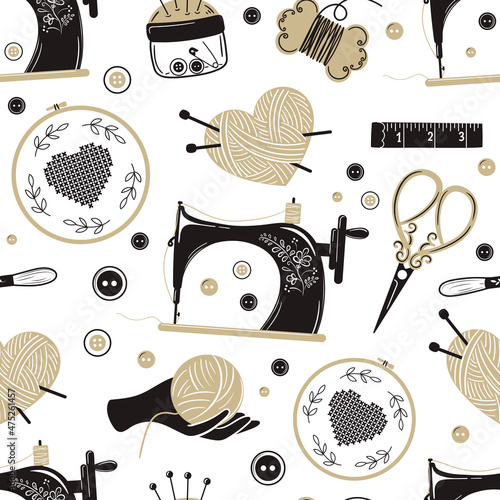 Needlework, knitting and sewing. Various sewing tools. Needles, scissors, yarn, sewing machine, spools, threads, etc. Hand drawn vector pattern.