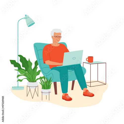 Elderly gray-haired man working on laptop in a chair. Concept of active seniors, retirees of using modern technologies. Remote work from home, training, e-learning. Isolated flat vector illustration