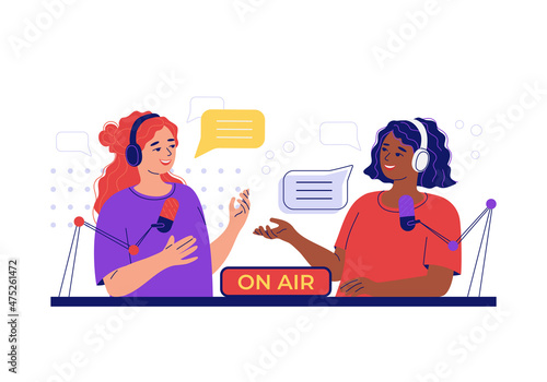 Female host interviewing woman on radio station. Concept of podcast in studio. People recording audio, online show. Women in headphones talking on live streaming, broadcast. Flat vector illustration 