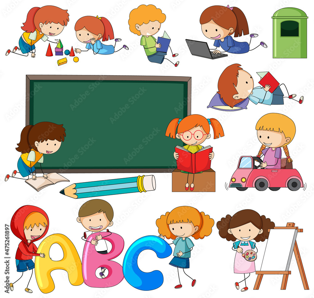Set of different doodle kids cartoon character isolated Set of different doodle kids cartoon character isolated