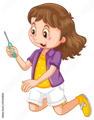 A girl holding a screwdriver on white background