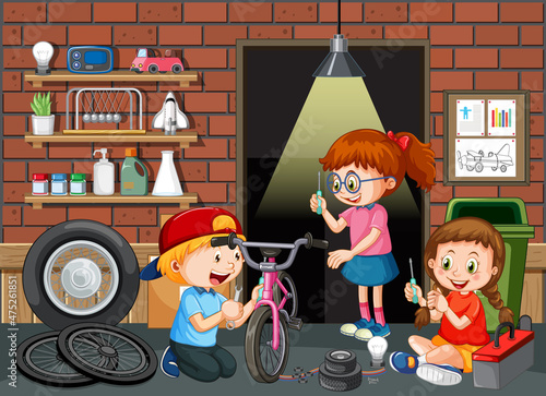 Garage scene with children fixing a bicycle together