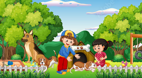 Fototapeta Naklejka Na Ścianę i Meble -  Outdoor scene with children playing with dogs