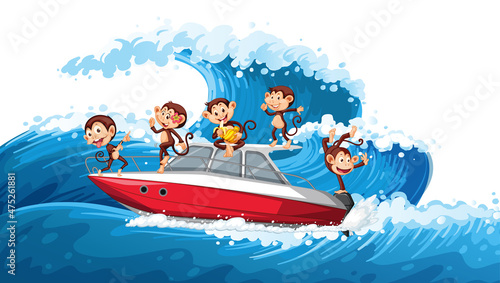 Little monkeys on speed boat on ocean wave