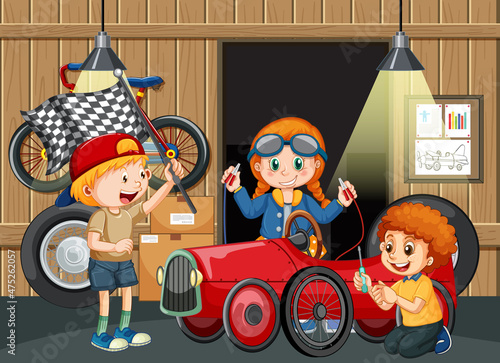 Garage scene with children fixing a car together