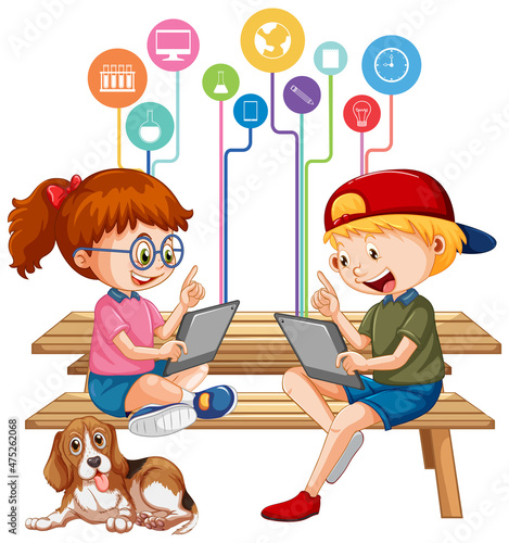 School kids using tablet with a cute dog