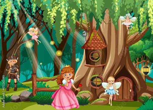 Fantasy forest with cute fairies