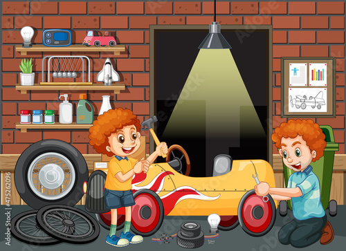 Garage scene with children fixing a car together