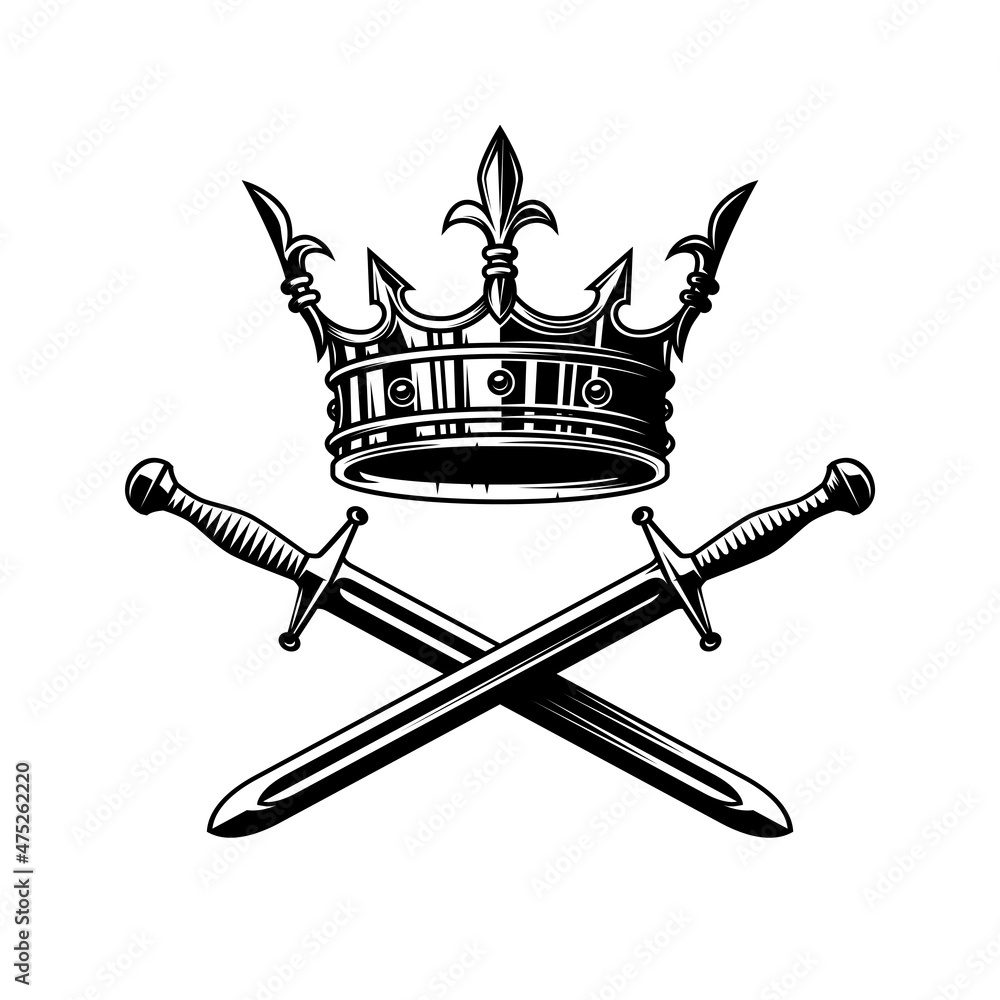 Illustration of king crown and crossed swords in monochrome style