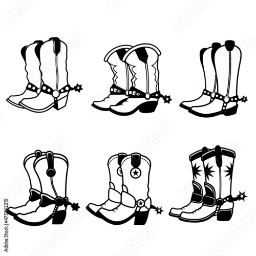 Set of illustrations of cowboy boots. Design element for logo, label, sign, emblem. Vector illustration