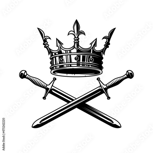 Illustration of king crown and crossed swords in monochrome style. Design element for logo, emblem, sign, poster, t shirt. Vector illustration