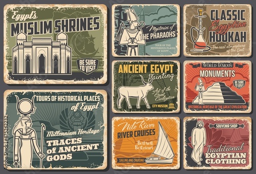 Ancient Egypt travel retro vector posters. Cairo pyramids  Egyptian muslim shrines  Pharaoh mysteries. Egyptology exhibition and museum  god temples and monuments  vintage Egypt landmarks  sightseeing
